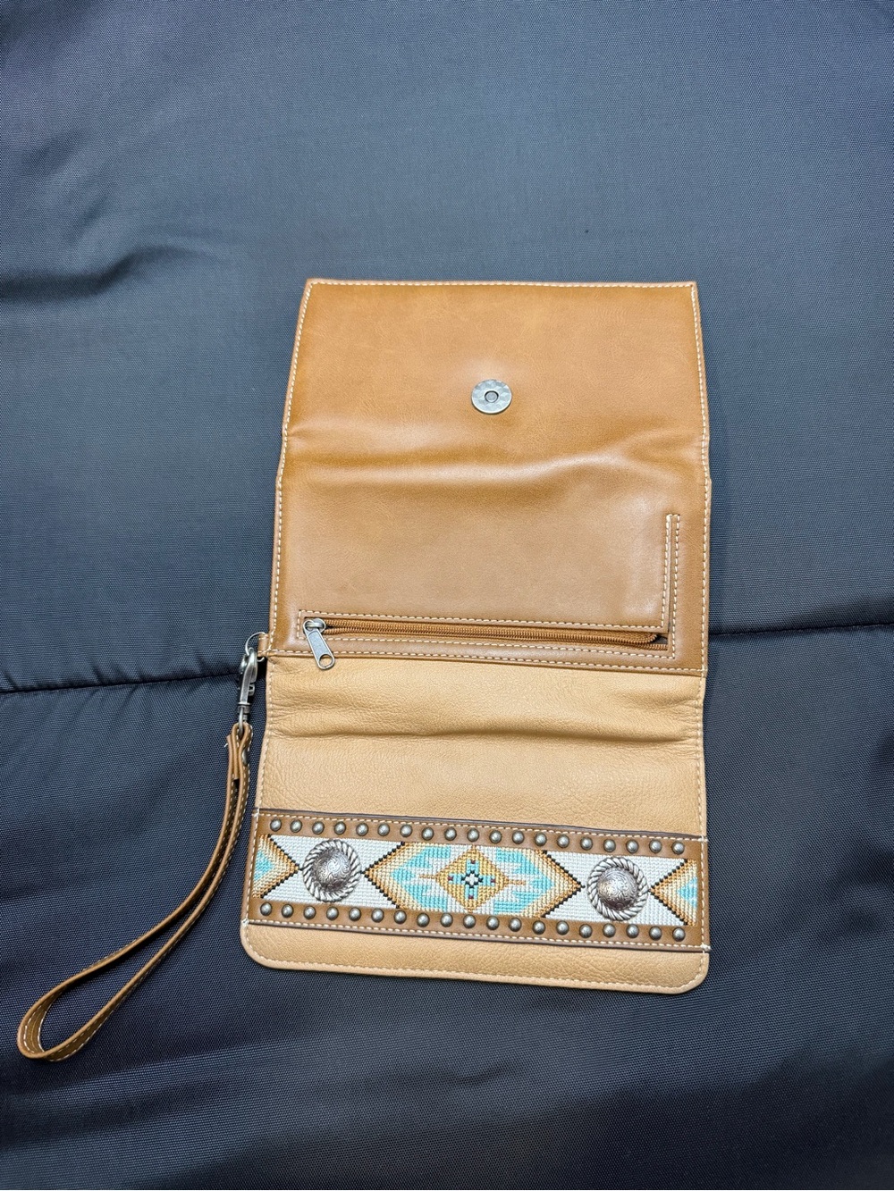 Nocona Tan Wristlet Clutch with Southwestern Beaded Trim